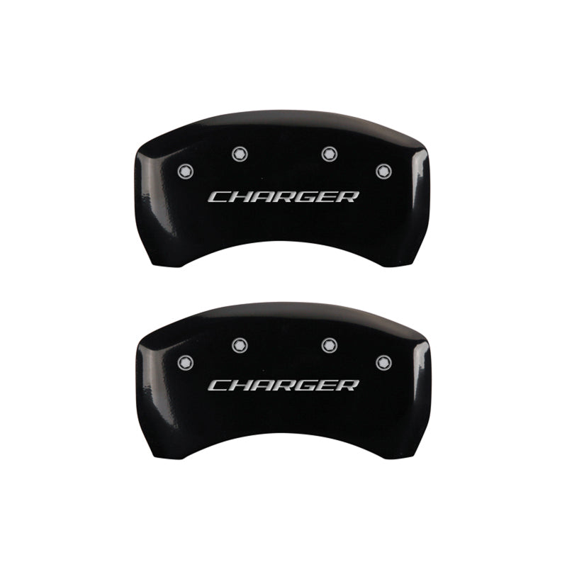 Load image into Gallery viewer, MGP 4 Caliper Covers Engraved Front & Rear Block/Charger Black finish silver ch