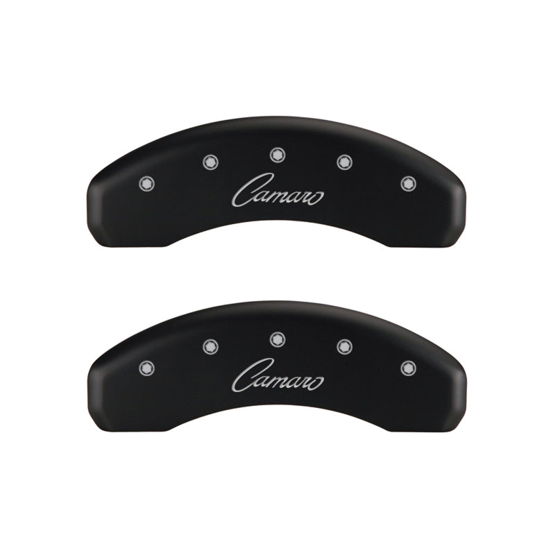 Load image into Gallery viewer, MGP 4 Caliper Covers Engraved Front & Rear Cursive/Camaro Red finish silver ch