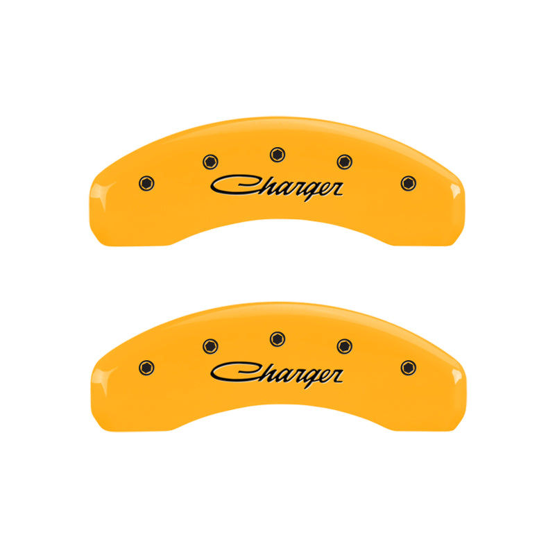 Load image into Gallery viewer, MGP 4 Caliper Covers Engraved Front & Rear Cursive/Charger Yellow finish black ch