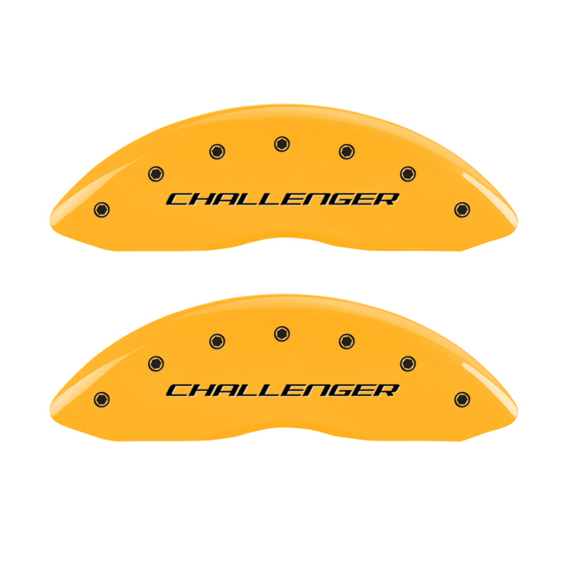 Load image into Gallery viewer, MGP 4 Caliper Covers Engraved Front & Rear Block/Challenger Yellow finish black ch