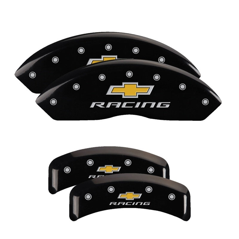 Load image into Gallery viewer, MGP 4 Caliper Covers Engraved F & R Chevy Racing Black Finish Silver Char 1988 Chevrolet Corvette