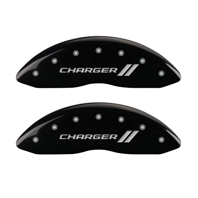 Load image into Gallery viewer, MGP 4 Caliper Covers Engraved Front & Rear With stripes/Charger Black finish silver ch