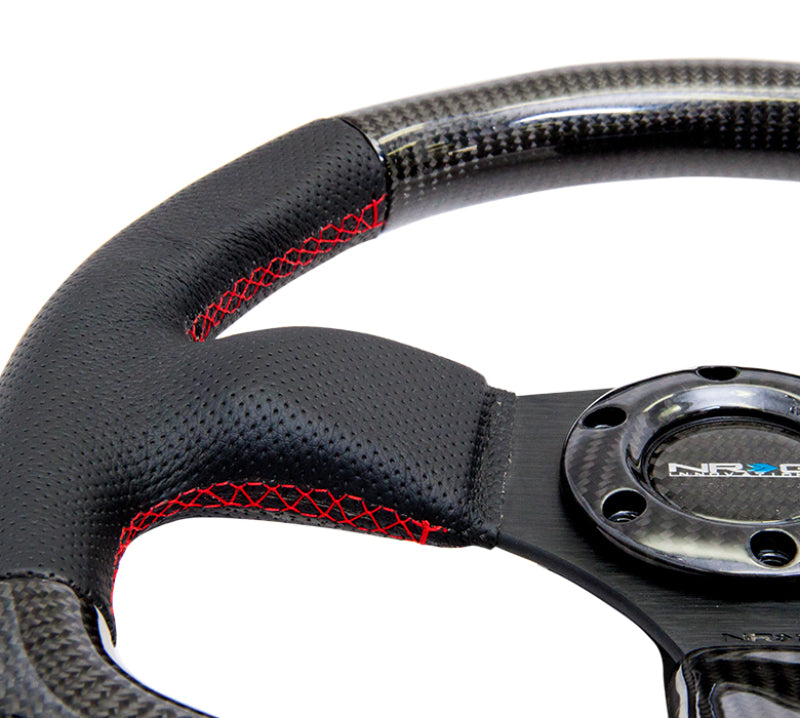 Load image into Gallery viewer, NRG Carbon Fiber Steering Wheel (320mm) Flat Bottom & Leather Trim w/Red Stitching