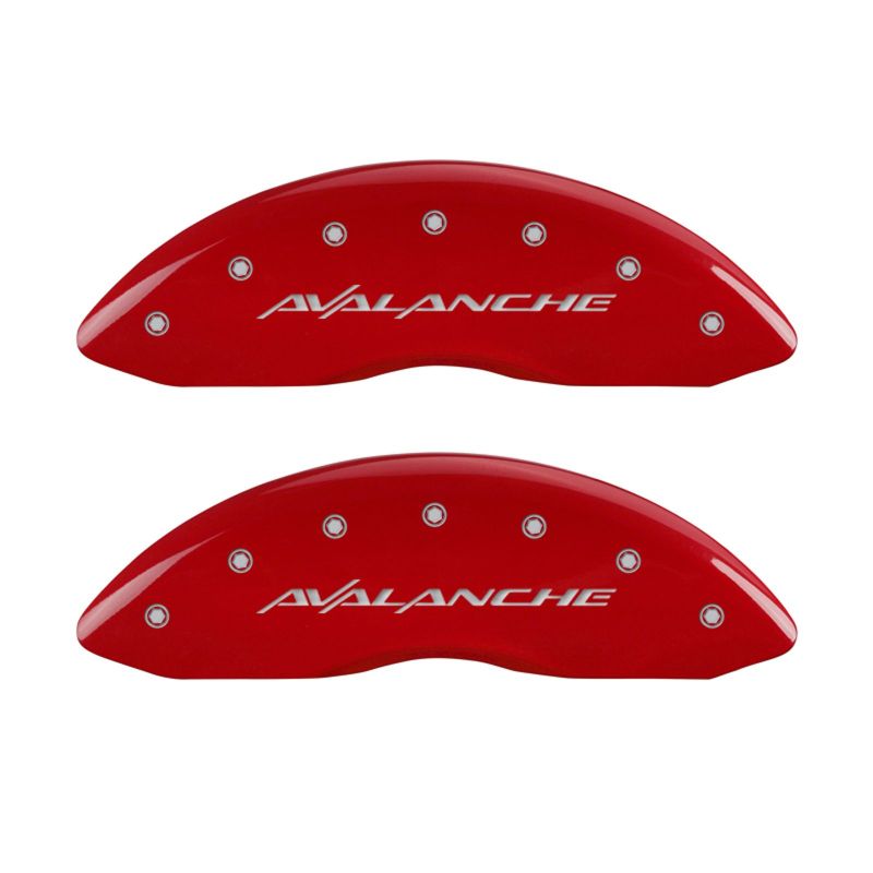 Load image into Gallery viewer, MGP 4 Caliper Covers Engraved Front & Rear Avalanche Red finish silver ch