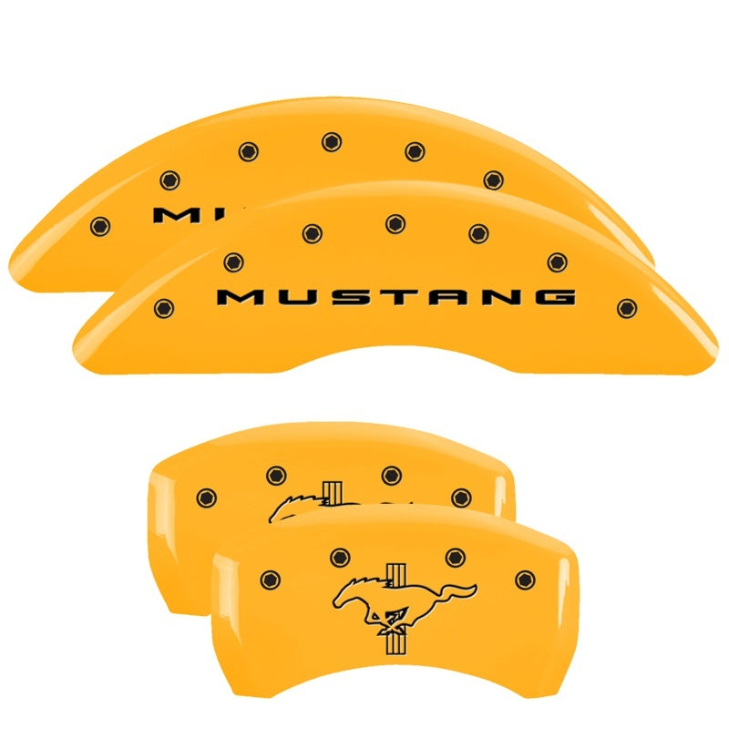 Load image into Gallery viewer, MGP 4 Caliper Covers Engraved Front 2015/Mustang Engraved Rear 2015/Bar & Pony Yellow fnsh black ch