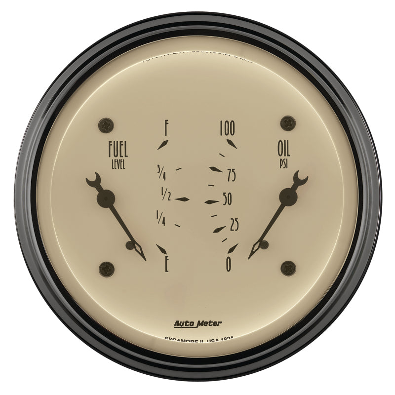 Load image into Gallery viewer, AutoMeter Gauge Dual Fuel & Oilp 3-3/8in. 0 Ohm(e) to 90 Ohm(f)& 100PSI Elec Antq Beige