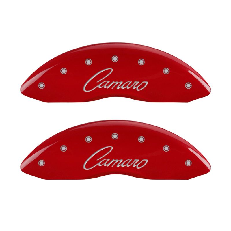 Load image into Gallery viewer, MGP 4 Caliper Covers Engraved Front & Rear Cursive/Camaro Red finish silver ch