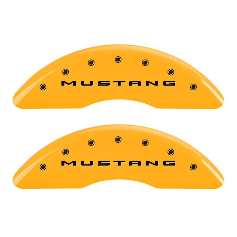 Load image into Gallery viewer, MGP 4 Caliper Covers Engraved Front 2015/Mustang Engraved Rear 2015/GT Yellow finish black ch