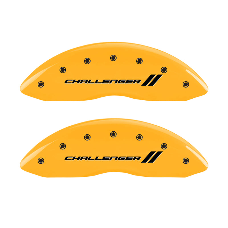 Load image into Gallery viewer, MGP 4 Caliper Covers Engraved Front & Rear With stripes/Challenger Yellow finish black ch