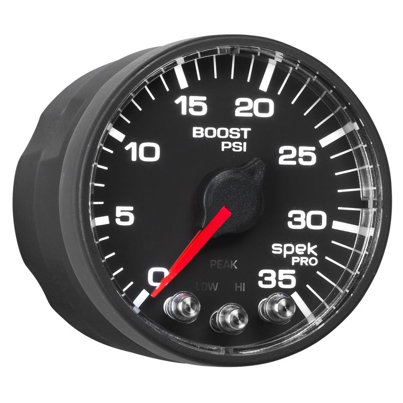 Load image into Gallery viewer, Autometer Spek-Pro Gauge Boost 2 1/16in 35psi Stepper Motor W/Peak & Warn Black/Black