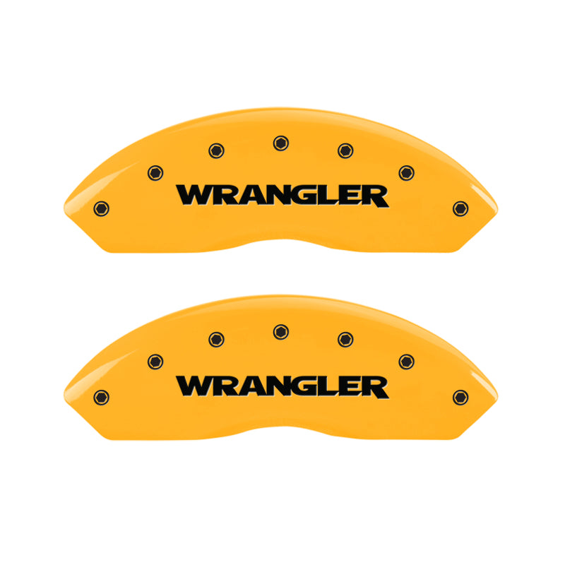Load image into Gallery viewer, MGP 4 Caliper Covers Engraved Front & Rear Wrangler Yellow Finish Black Char 2003 Jeep Wrangler