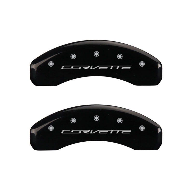 Load image into Gallery viewer, MGP 4 Caliper Covers Engraved Front & Rear C7/Corvette Black finish silver ch