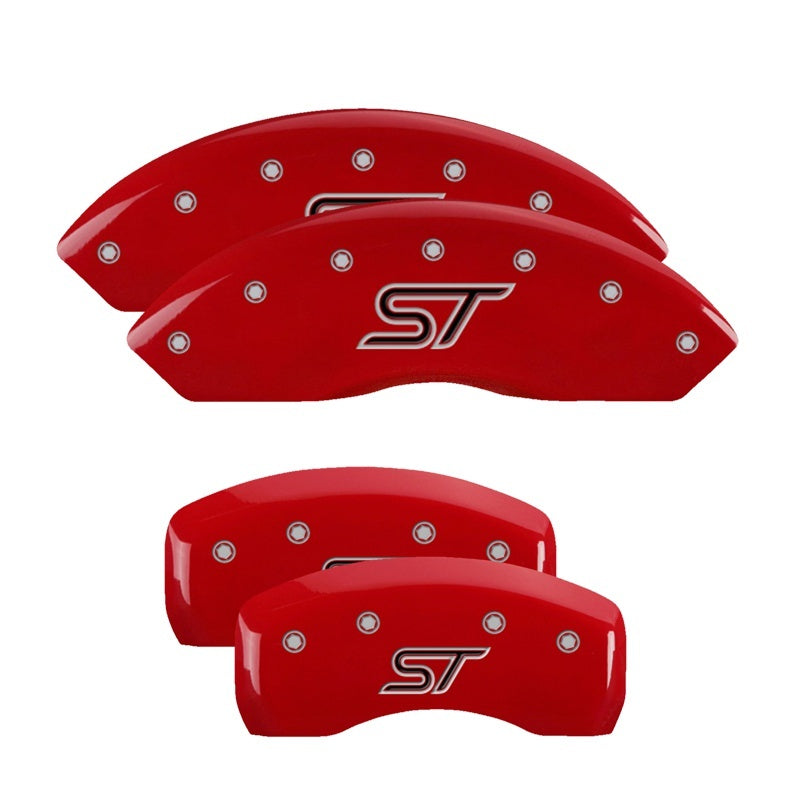 Load image into Gallery viewer, MGP 4 Caliper Covers Engraved Front & Rear Oval logo/Ford Red finish silver ch