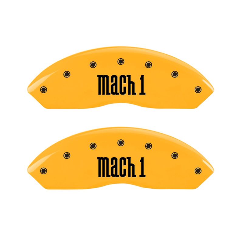 Load image into Gallery viewer, MGP 4 Caliper Covers Engraved Front & Rear Mach 1 Yellow Finish Black Char 2004 Ford Mustang