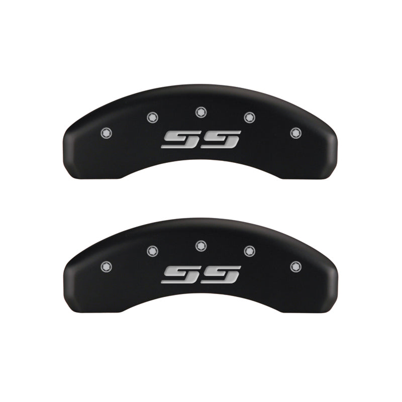Load image into Gallery viewer, MGP 4 Caliper Covers Engraved Front & Rear Silverado style/SS Red finish silver ch