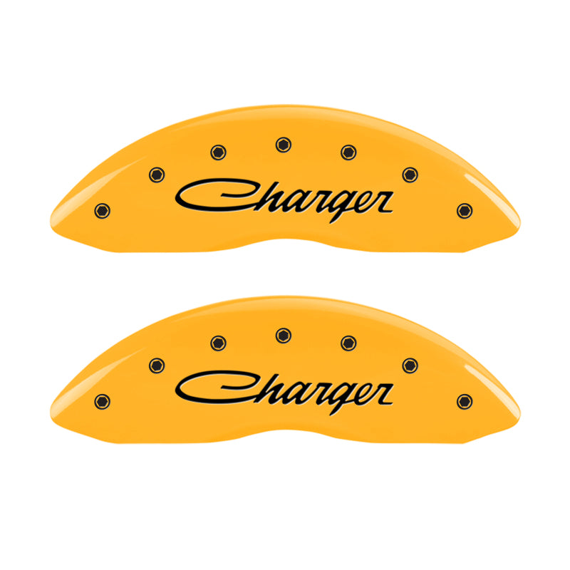 Load image into Gallery viewer, MGP 4 Caliper Covers Engraved Front & Rear Cursive/Charger Yellow finish black ch