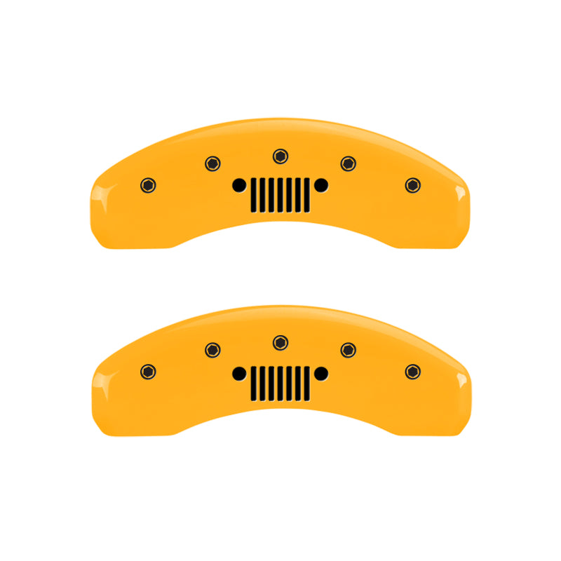 Load image into Gallery viewer, MGP 4 Caliper Covers Engraved Front Jeep Rear Grill Logo Yellow Finish Black Char 2004 Jeep Wrangler