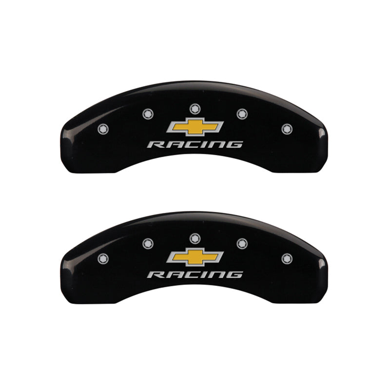 Load image into Gallery viewer, MGP 4 Caliper Covers Engraved F & R Chevy Racing Black Finish Silver Char 2017 Chevrolet Camaro