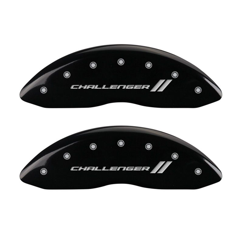 Load image into Gallery viewer, MGP 4 Caliper Covers Engraved Front & Rear With stripes/Challenger Black finish silver ch