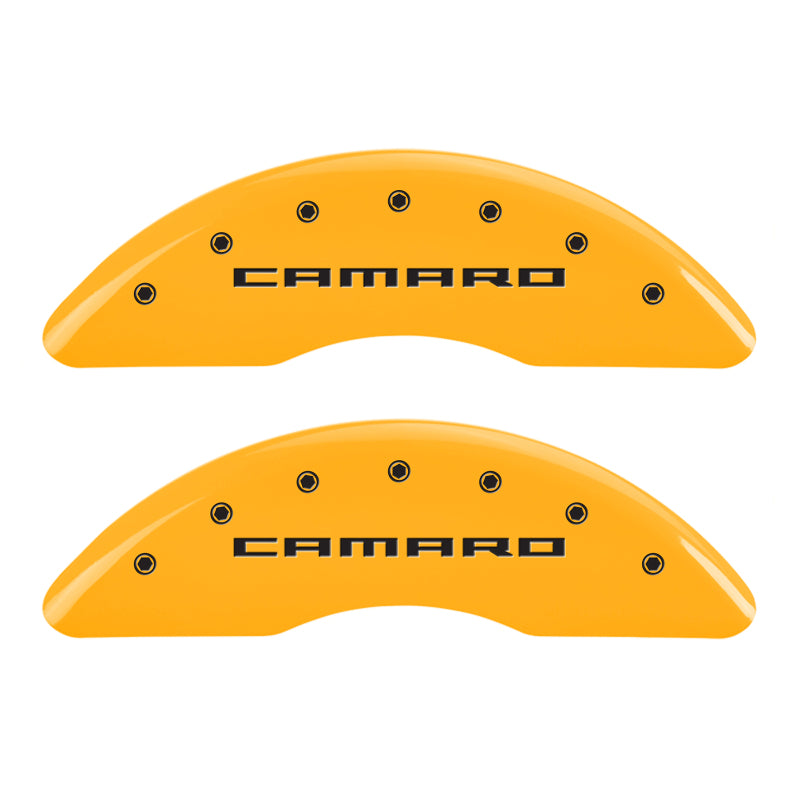 Load image into Gallery viewer, MGP 4 Caliper Covers Engraved Front & Rear Gen 5/Camaro Yellow finish black ch
