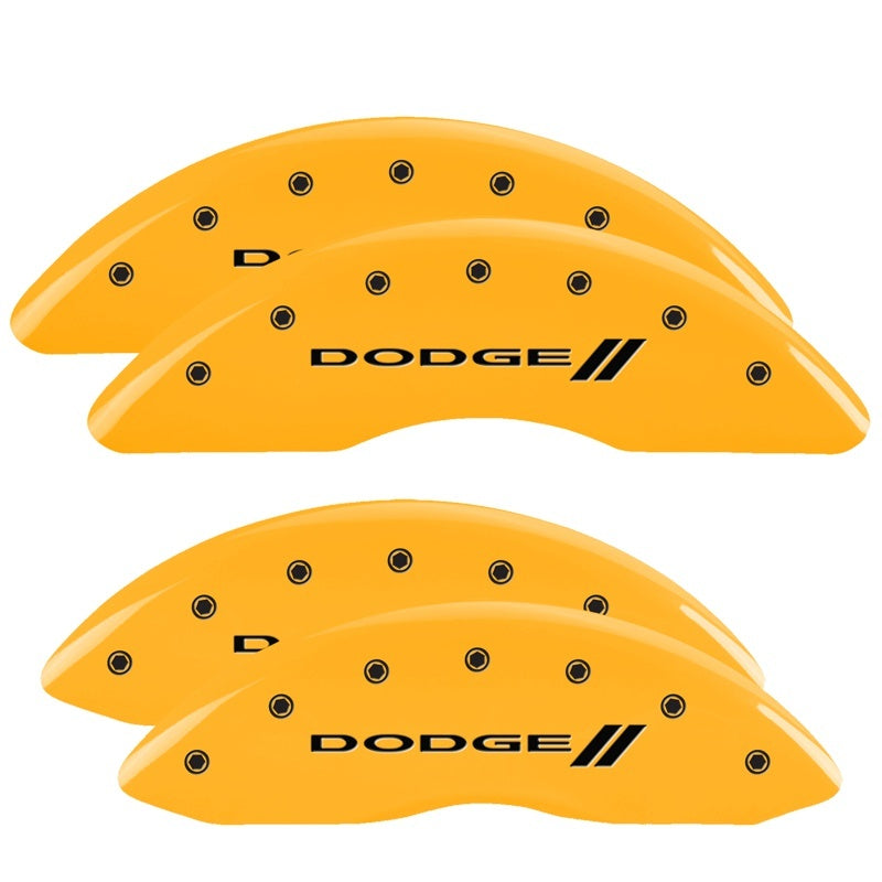 Load image into Gallery viewer, MGP 4 Caliper Covers Engraved F & R Stripes/Dodge Yellow Finish Black Char 2010 Dodge Ram 3500
