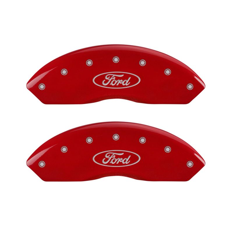 Load image into Gallery viewer, MGP 4 Caliper Covers Engraved Front & Rear Oval logo/Ford Red finish silver ch