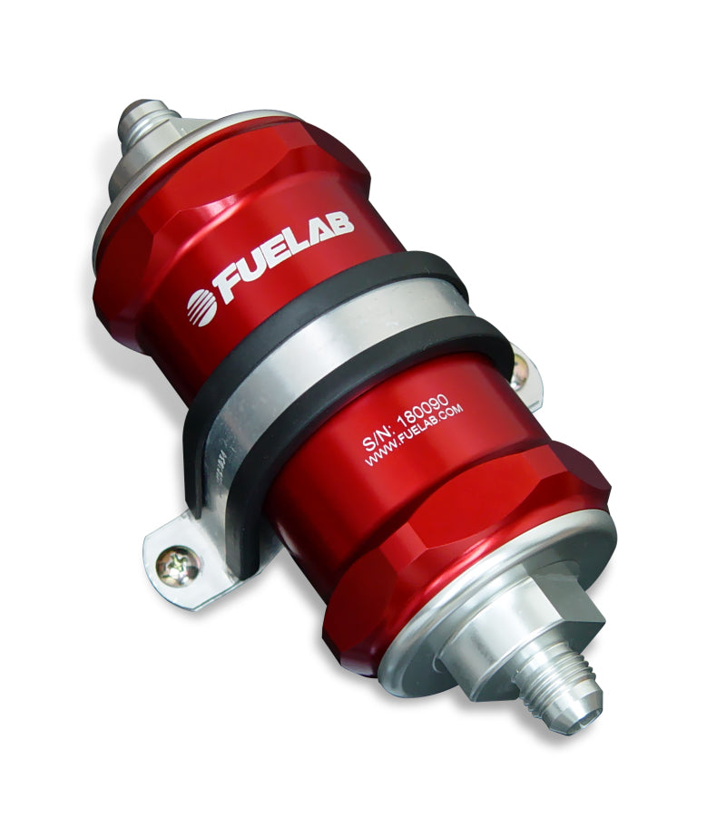 Load image into Gallery viewer, Fuelab 848 In-Line Fuel Filter Standard -6AN In/Out 100 Micron Stainless w/Check Valve - Red