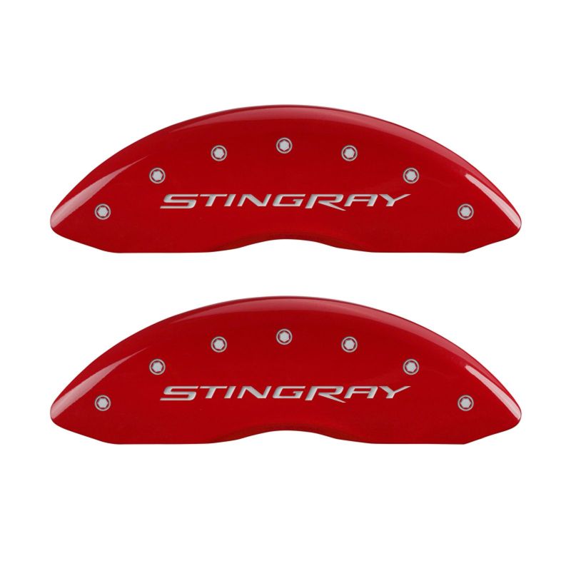 Load image into Gallery viewer, MGP 4 Caliper Covers Engraved Front & Rear Stingray Red finish silver ch