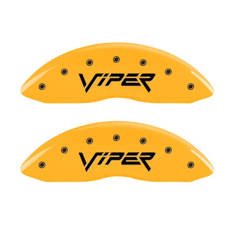 Load image into Gallery viewer, MGP 4 Caliper Covers Engraved Front & Rear Gen 2/Viper Yellow Finish Black Ch