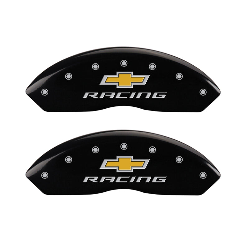Load image into Gallery viewer, MGP 4 Caliper Covers Engraved F & R Chevy Racing Black Finish Silver Char 2017 Chevrolet Camaro