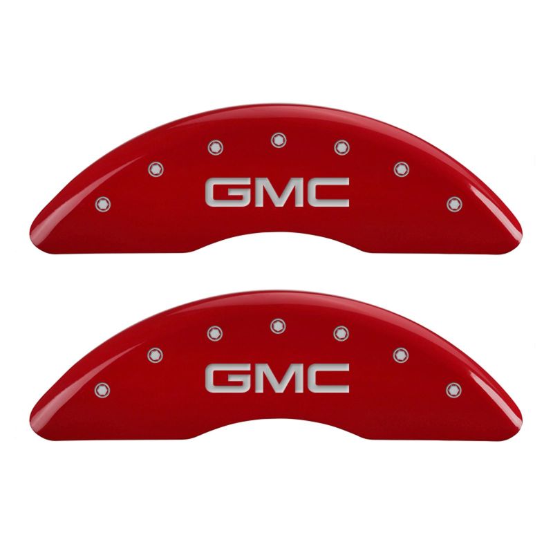 Load image into Gallery viewer, MGP 4 Caliper Covers Engraved Front & Rear GMC Red finish silver ch