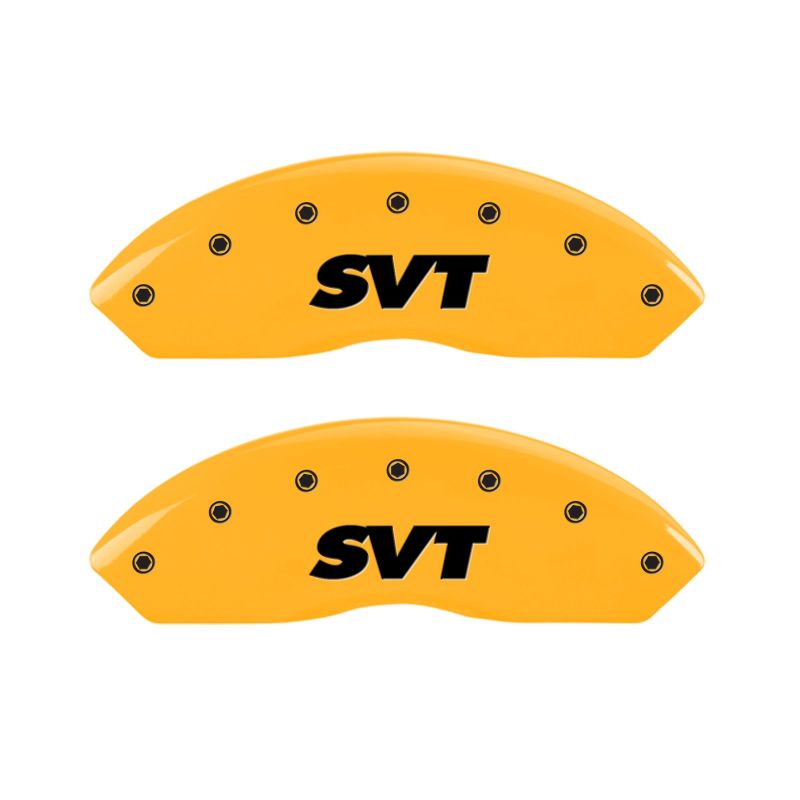 Load image into Gallery viewer, MGP 4 Caliper Covers Engraved Front & Rear SVT Yellow Finish Black Char 2003 Ford Mustang