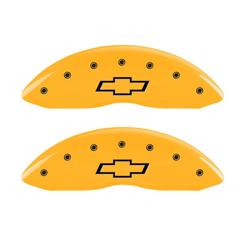 Load image into Gallery viewer, MGP Front set 2 Caliper Covers Engraved Front Bowtie Yellow finish black ch
