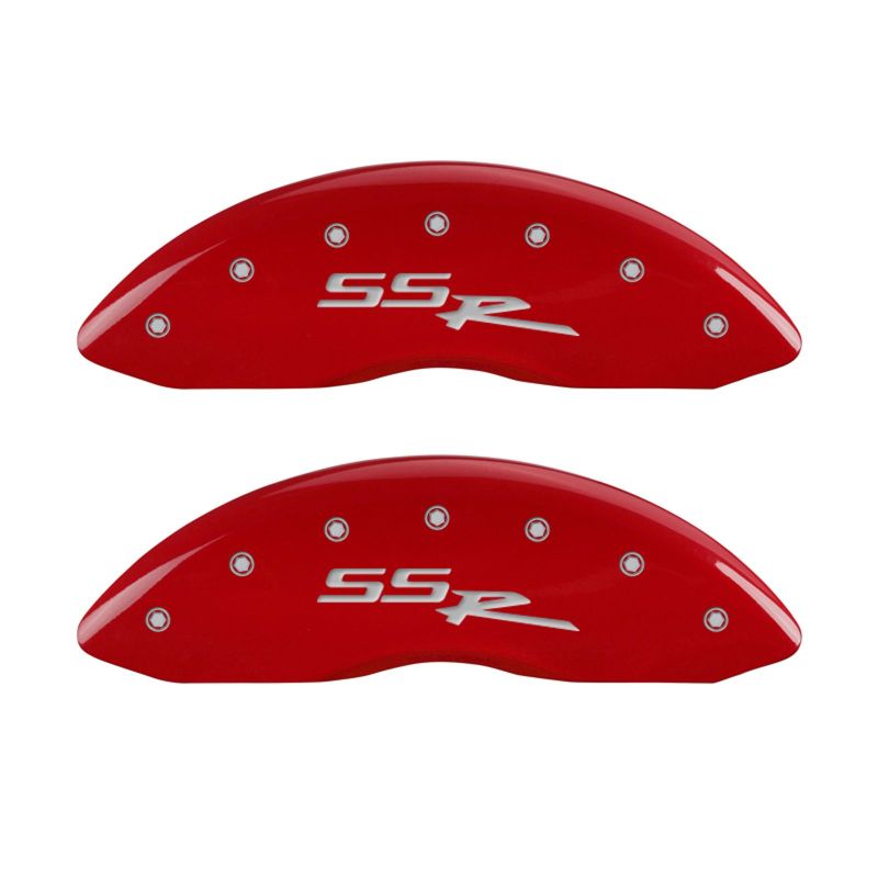 Load image into Gallery viewer, MGP 4 Caliper Covers Engraved Front & Rear SSR Red finish silver ch