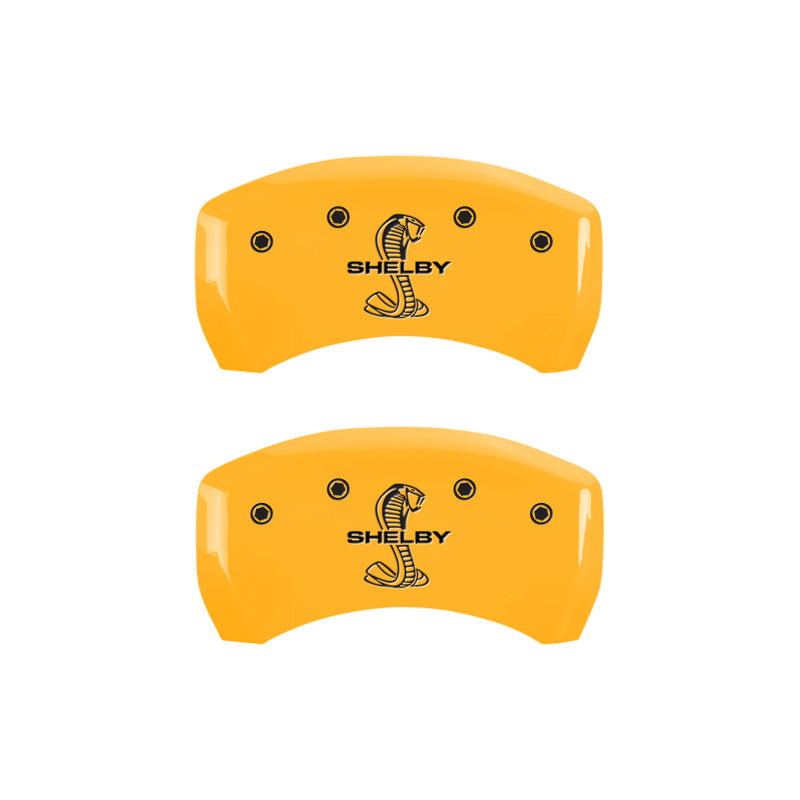 Load image into Gallery viewer, MGP 4 Caliper Covers Engraved Front Shelby Engraved Rear Tiffany Snake Yellow finish black ch