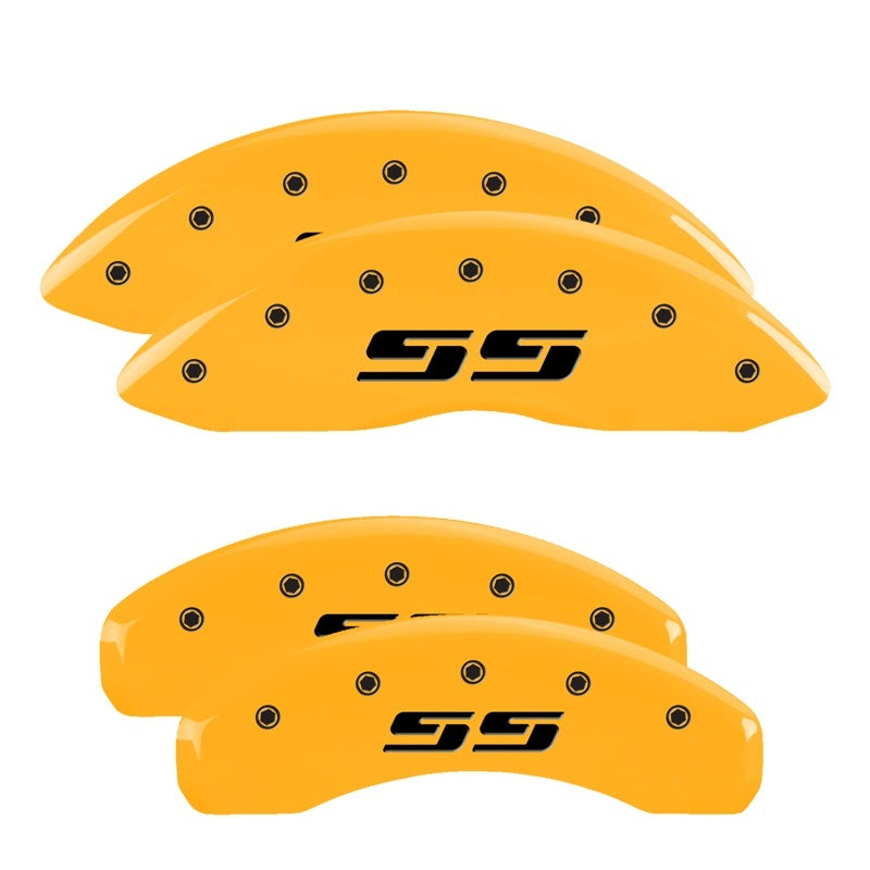 Load image into Gallery viewer, MGP 4 Caliper Covers Engraved F & R Silverado SS Yellow Finish Black Char 2002 Chevy Silverado 1500