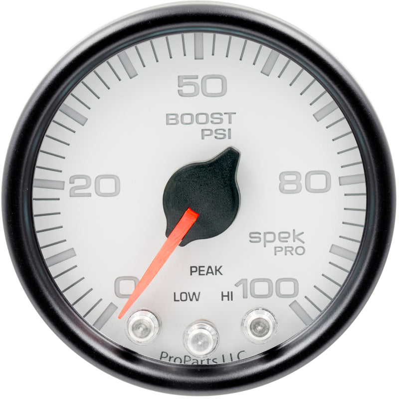Load image into Gallery viewer, Autometer Spek-Pro Gauge Boost 2 1/16in 100psi Stepper Motor W/Peak & Warn Wht/Blk