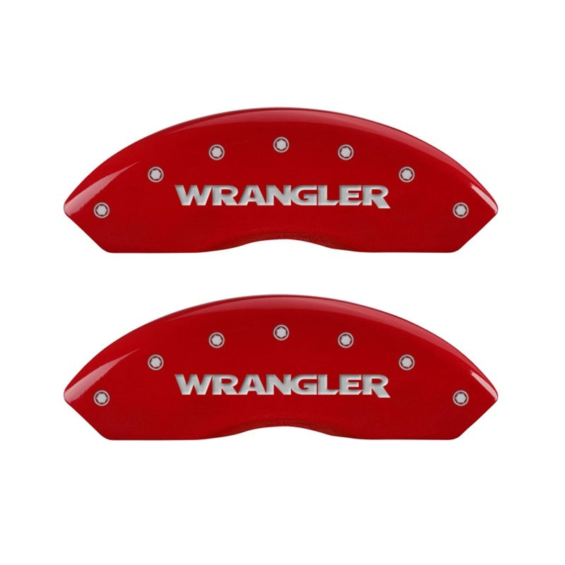 Load image into Gallery viewer, MGP Front set 2 Caliper Covers Engraved Front WRANGLER Red finish silver ch