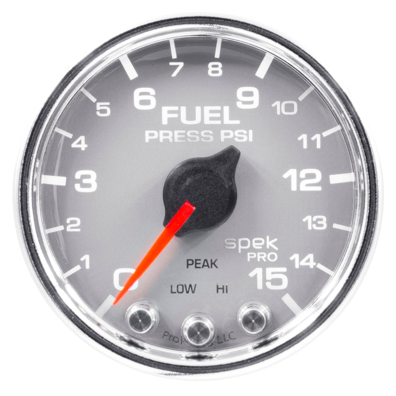 Load image into Gallery viewer, Autometer Spek-Pro Gauge Fuel Press 2 1/16in 15psi Stepper Motor W/Peak & Warn Slvr/Chrm