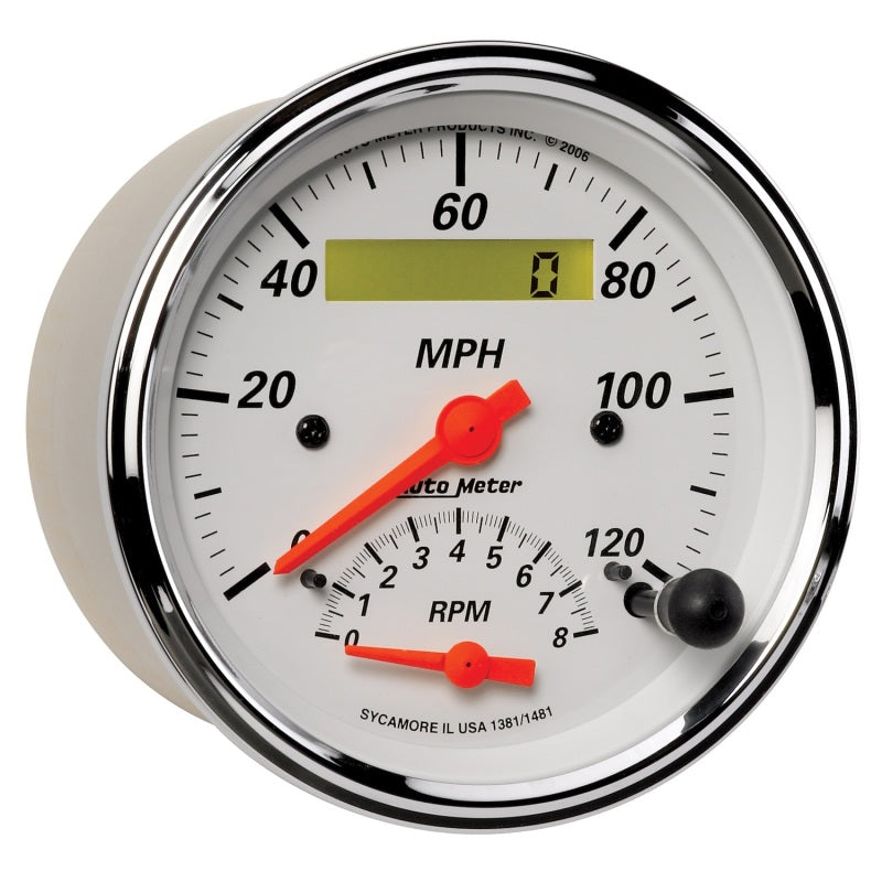 Load image into Gallery viewer, AutoMeter Gauge Tach/Speedo 3-3/8in. 120MPH & 8K RPM Elec. Program. Arctic White