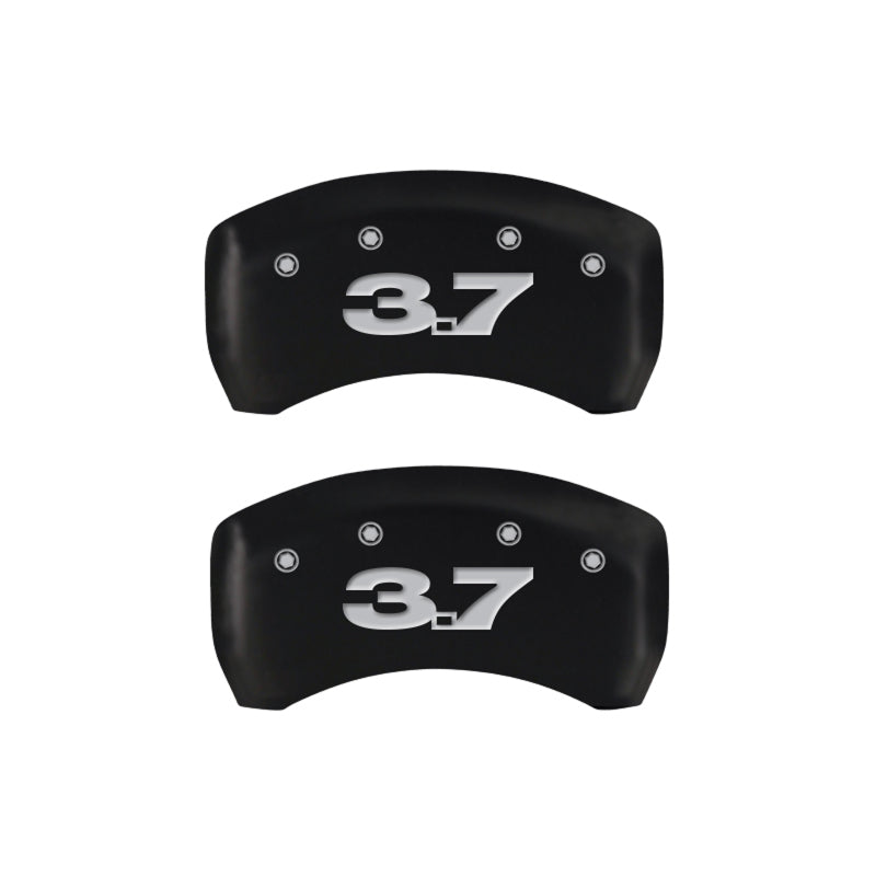 Load image into Gallery viewer, MGP 4 Caliper Covers Engraved Front Mustang Engraved Rear 37 Red finish silver ch