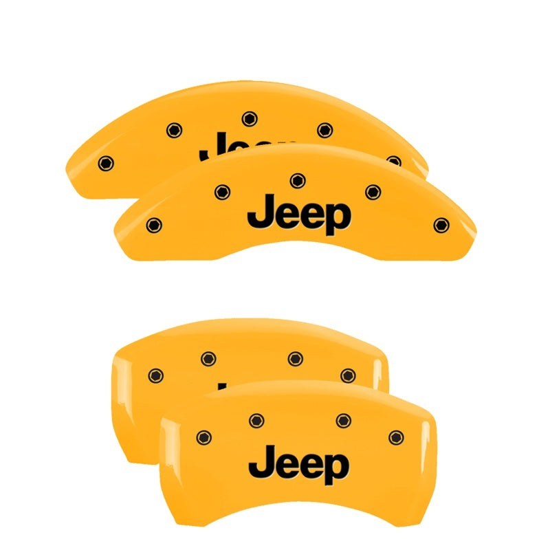 Load image into Gallery viewer, MGP 4 Caliper Covers Engraved Front & Rear JEEP Yellow finish black ch