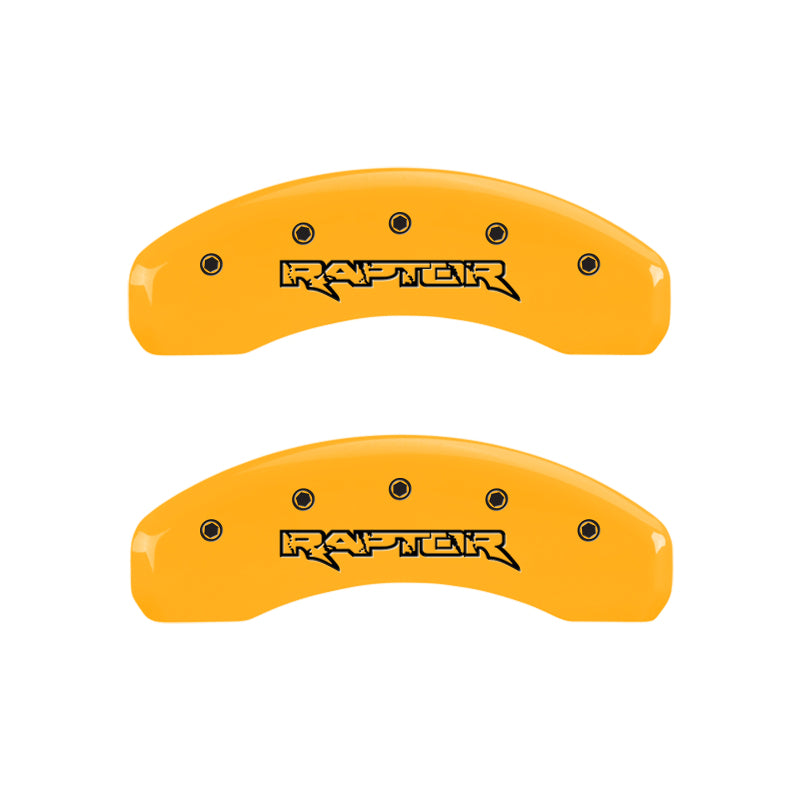 Load image into Gallery viewer, MGP 4 Caliper Covers Engraved Front & Rear Raptor Yellow Finish Black Char 2011 Ford F-150