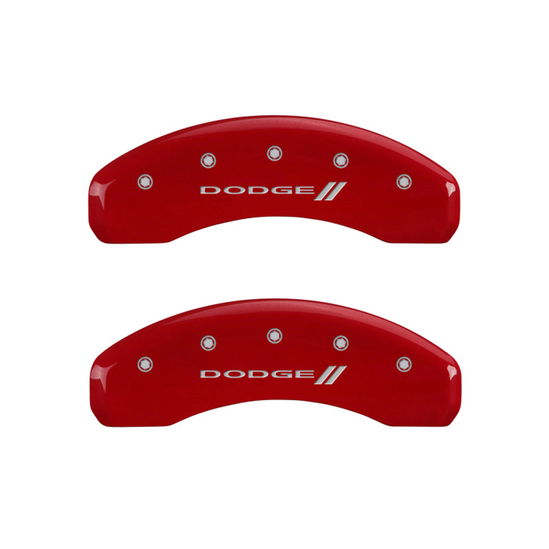 Load image into Gallery viewer, MGP 4 Caliper Covers Engraved Front & Rear With stripes/Dodge Red finish silver ch