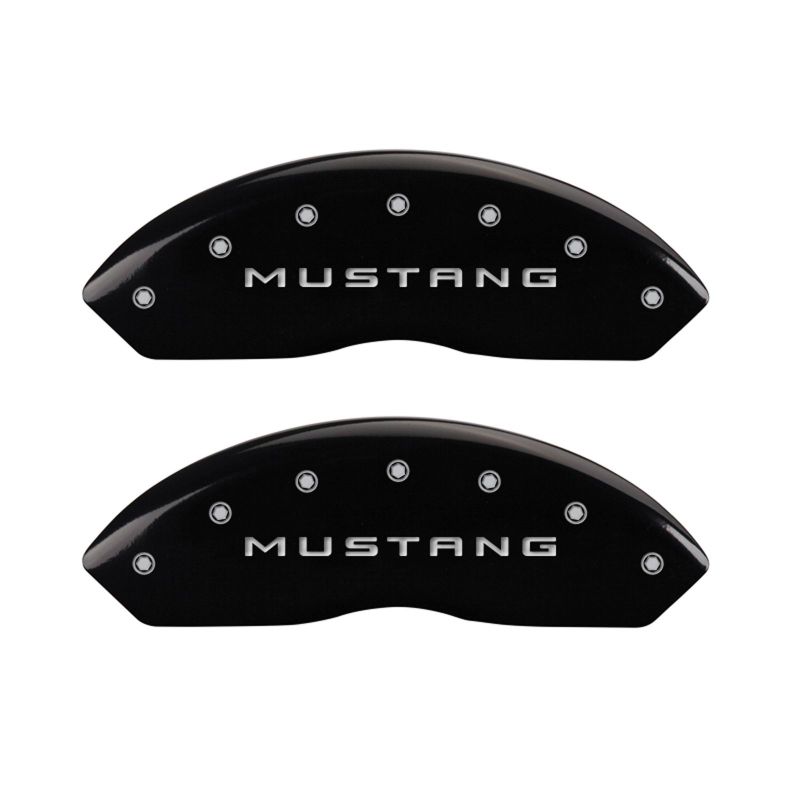 Load image into Gallery viewer, MGP 4 Caliper Covers Engraved Front Mustang Engraved Rear 50 Black finish silver ch