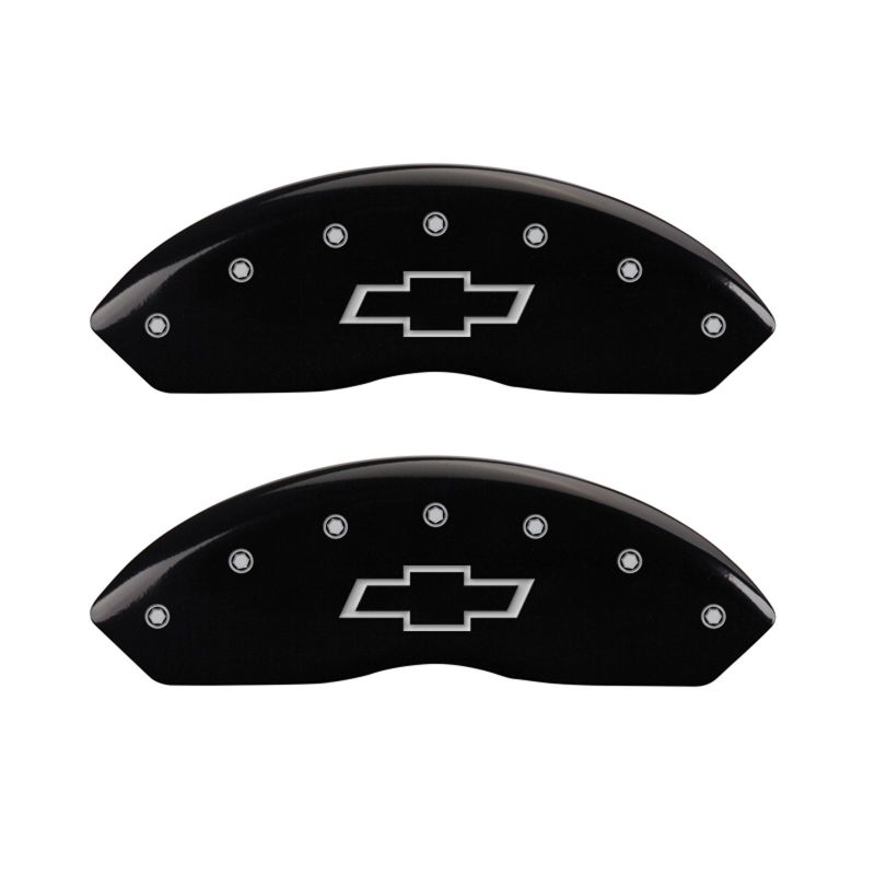 Load image into Gallery viewer, MGP 4 Caliper Covers Engraved Front & Rear Bowtie Black finish silver ch