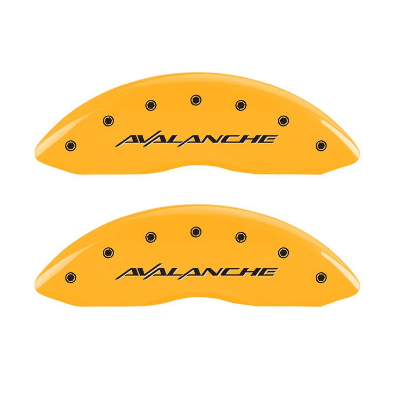 Load image into Gallery viewer, MGP 4 Caliper Covers Engraved F & R Avalanche Yellow Finish Black Char 2000 Chevrolet Silverado 2500