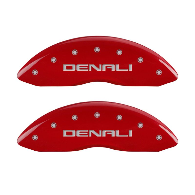 Load image into Gallery viewer, MGP 4 Caliper Covers Engraved Front & Rear Denali Red finish silver ch