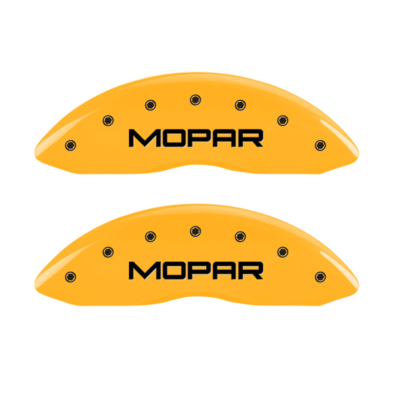 Load image into Gallery viewer, MGP 4 Caliper Covers Engraved Front & Rear MOPAR Yellow finish black ch