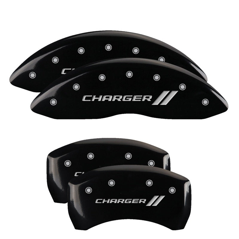Load image into Gallery viewer, MGP 4 Caliper Covers Engraved Front & Rear With stripes/Charger Black finish silver ch